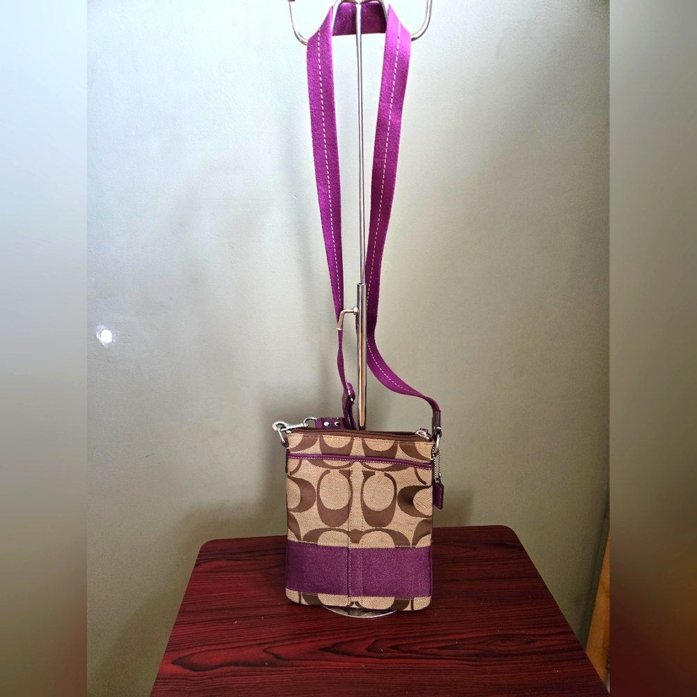 Coach Signature Canvas Crossbody Bag in Purple and Tan